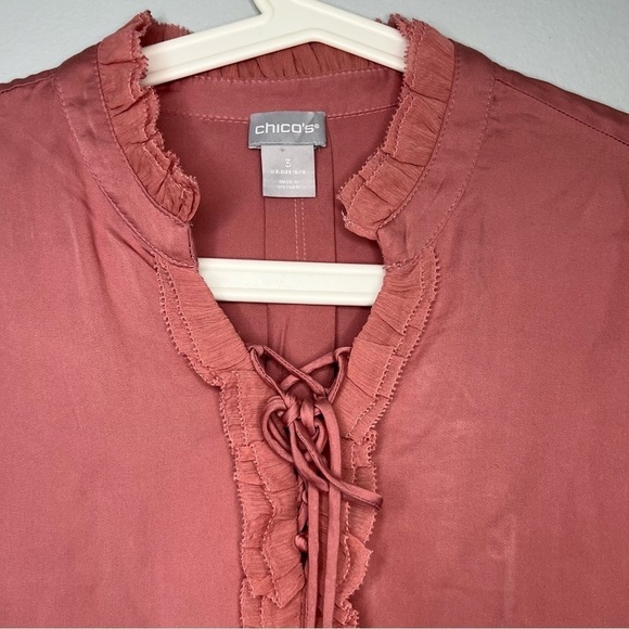 CHICO'S XL Ruffle Tie Neck Pullover Satin Blouse Burnished Rose Work Romantic - Picture 5 of 14